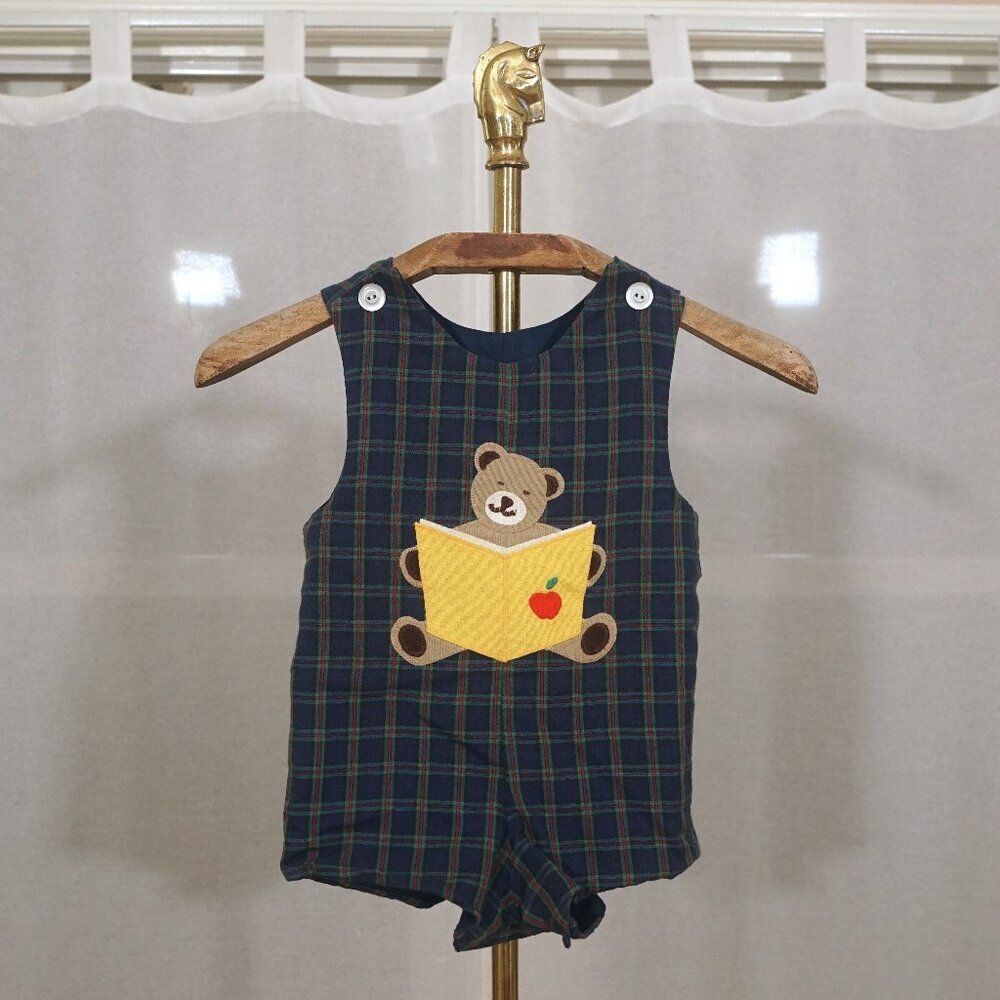 Vintage 90s Kelly's Kids Navy Blue Plaid Teddy Bear Romper